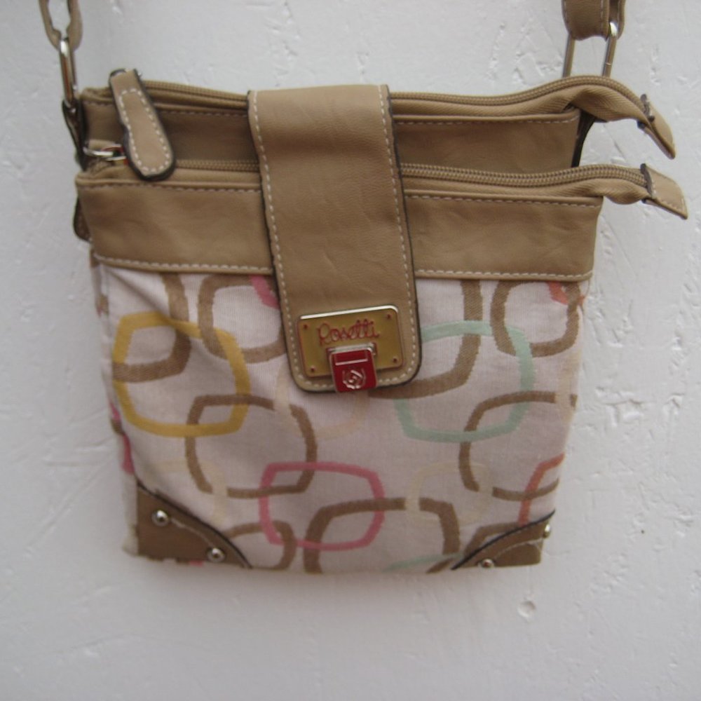 ROSETTI Crossbody bag fabric w/geometric design, vegan trim, GREAT condition